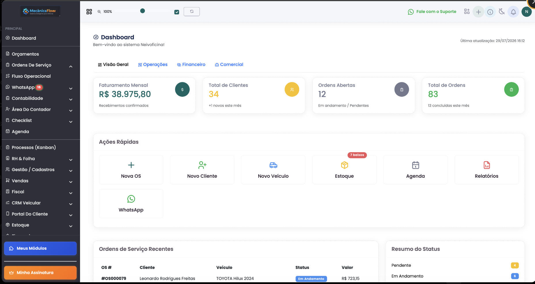 Tela do MecânicaFlow