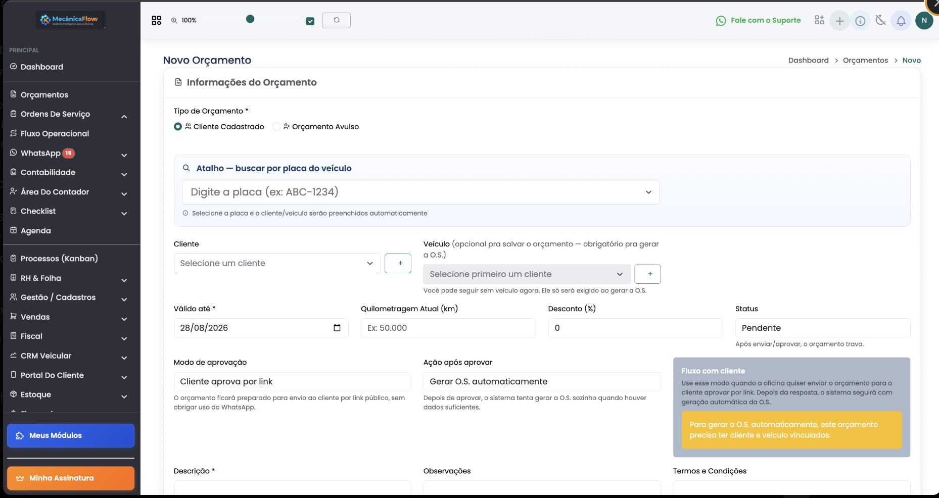 Orçamentos com aprovação pelo cliente